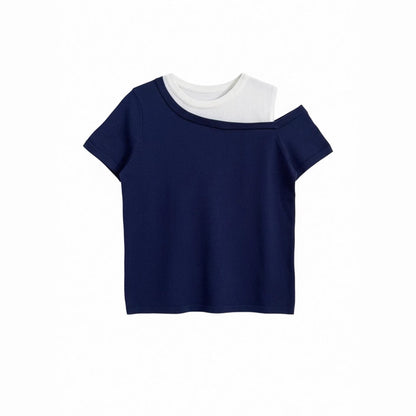 Women's Asymmetric Two-Tone Ice Silk Knit Top - Off-Shoulder Short Sleeve Blouse