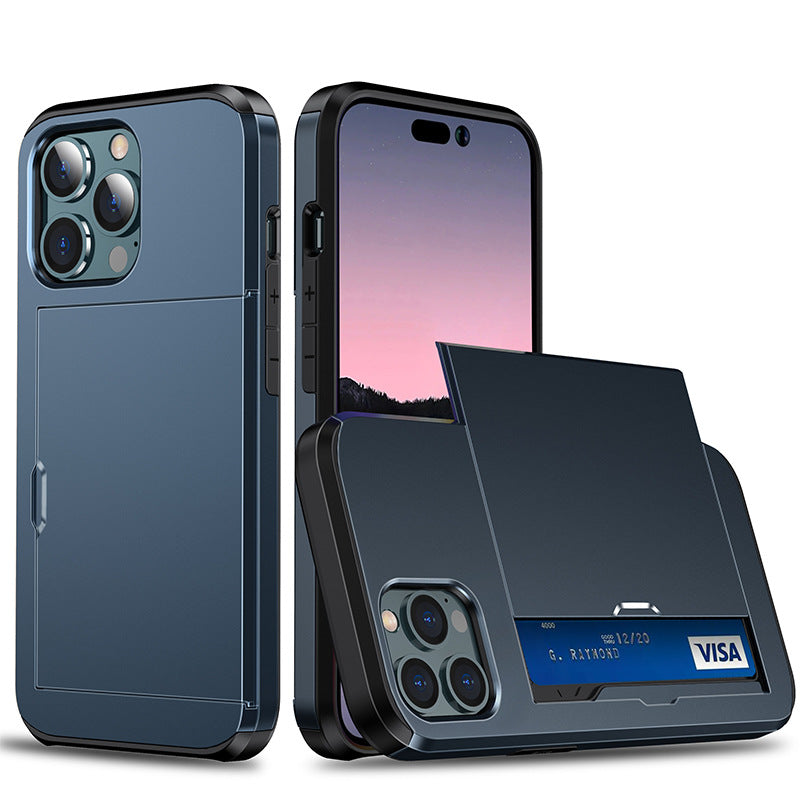 Sliding Card Holder Case for iPhone 14 13 12 Pro - Hidden Wallet Slot Anti-Drop Armor Cover