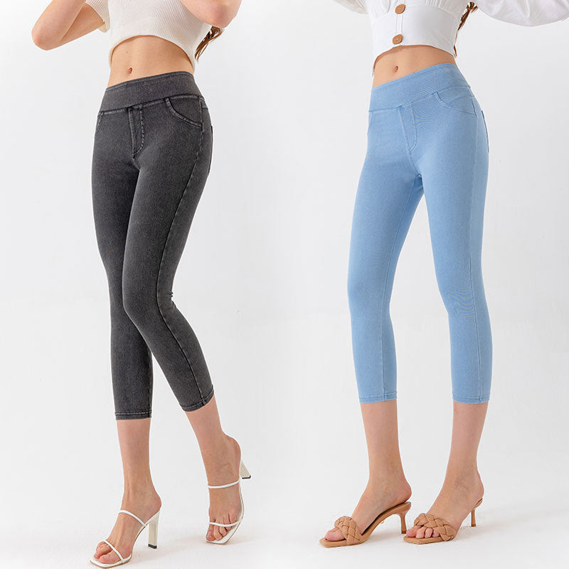Slim Fit Denim-Style Capri Leggings - Casual High Stretch Yoga Trousers for Women