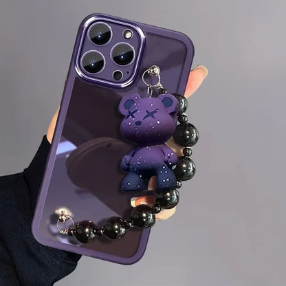 Cute Electroplated Purple TPU Phone Case with Teddy Bear Beaded Bracelet Chain for iPhone 16 15 14 Pro Max
