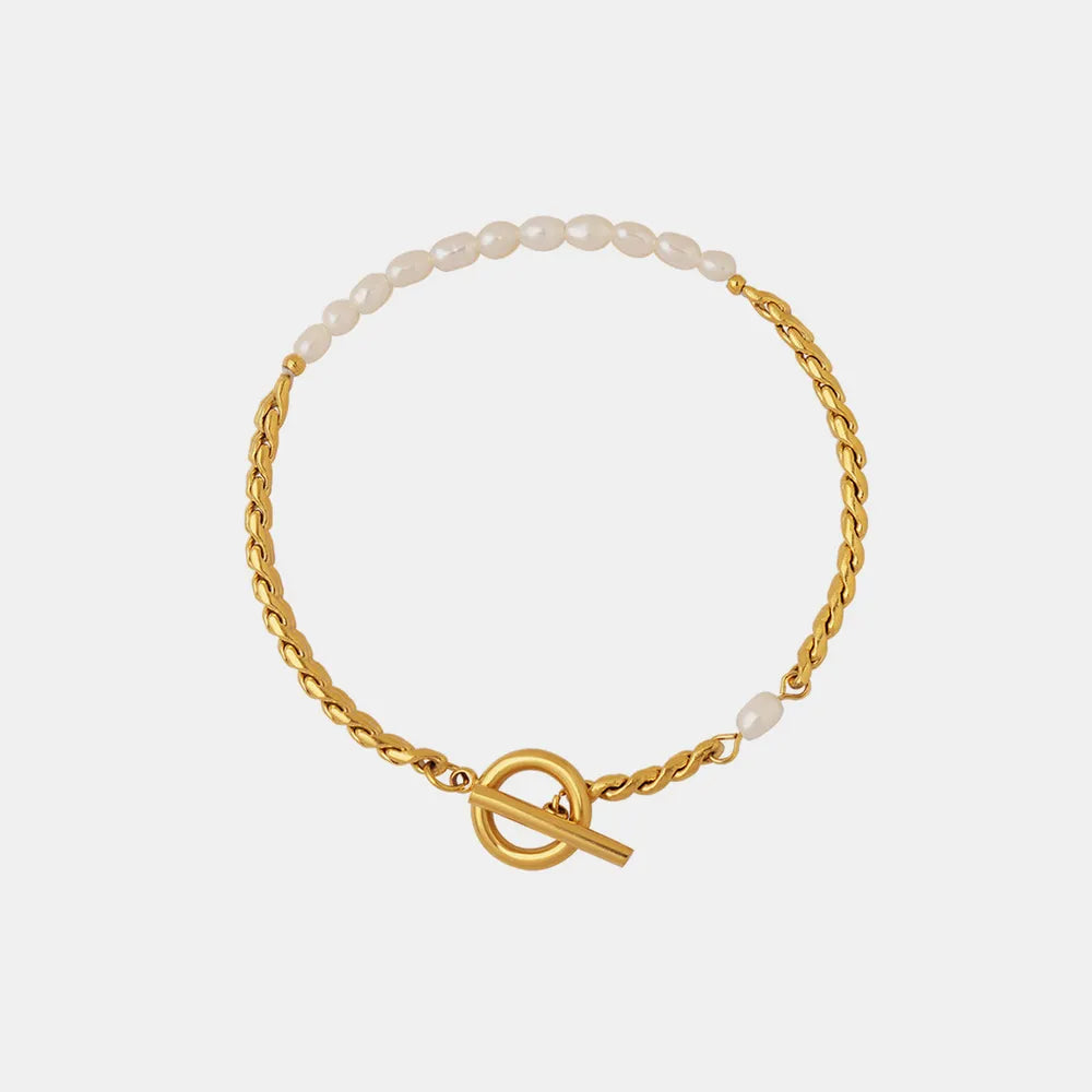 Luxury Women's Titanium Steel Stacked Bracelet with Delicate Pearl Strands.