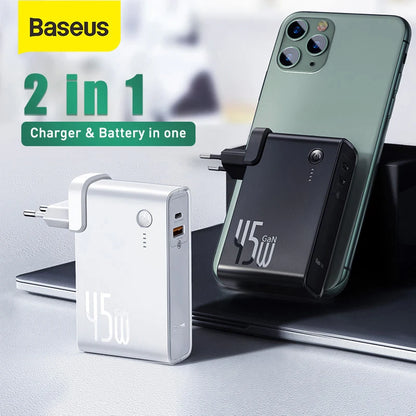 Baseus 2-in-1 GaN 45W Fast Charger & 10000mAh Power Bank - USB-C PD Portable Wall Charger
