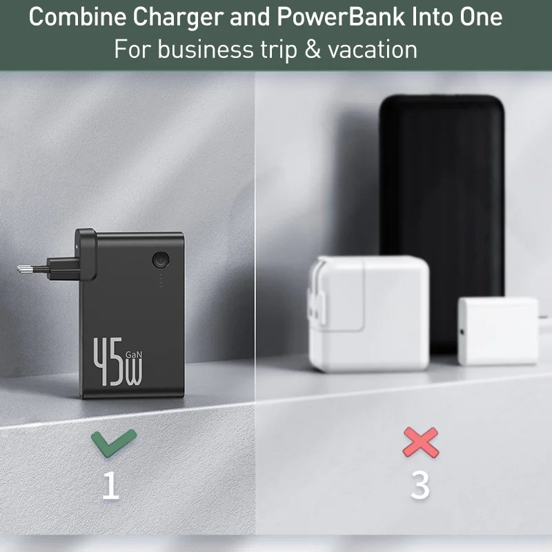 Baseus 2-in-1 GaN 45W Fast Charger & 10000mAh Power Bank - USB-C PD Portable Wall Charger
