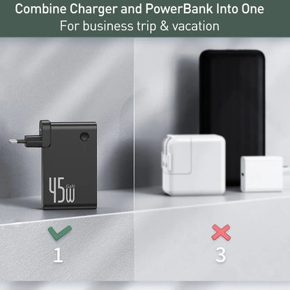 Baseus 2-in-1 GaN 45W Fast Charger & 10000mAh Power Bank - USB-C PD Portable Wall Charger
