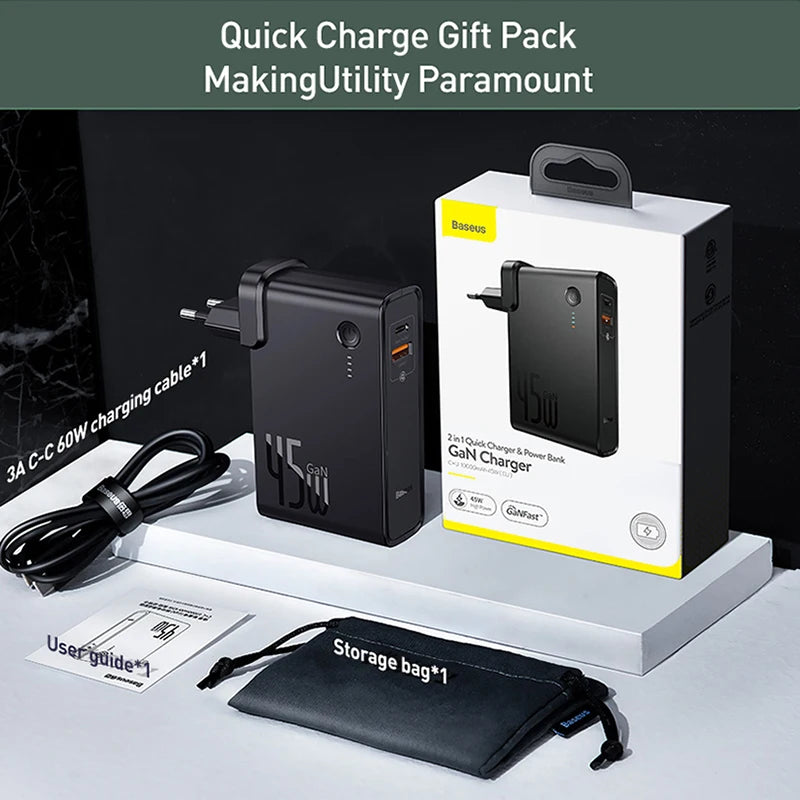 Baseus 2-in-1 GaN 45W Fast Charger & 10000mAh Power Bank - USB-C PD Portable Wall Charger