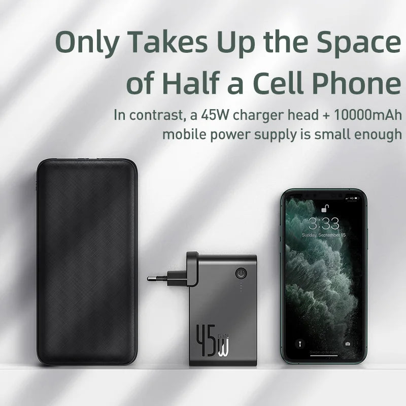 Baseus 2-in-1 GaN 45W Fast Charger & 10000mAh Power Bank - USB-C PD Portable Wall Charger
