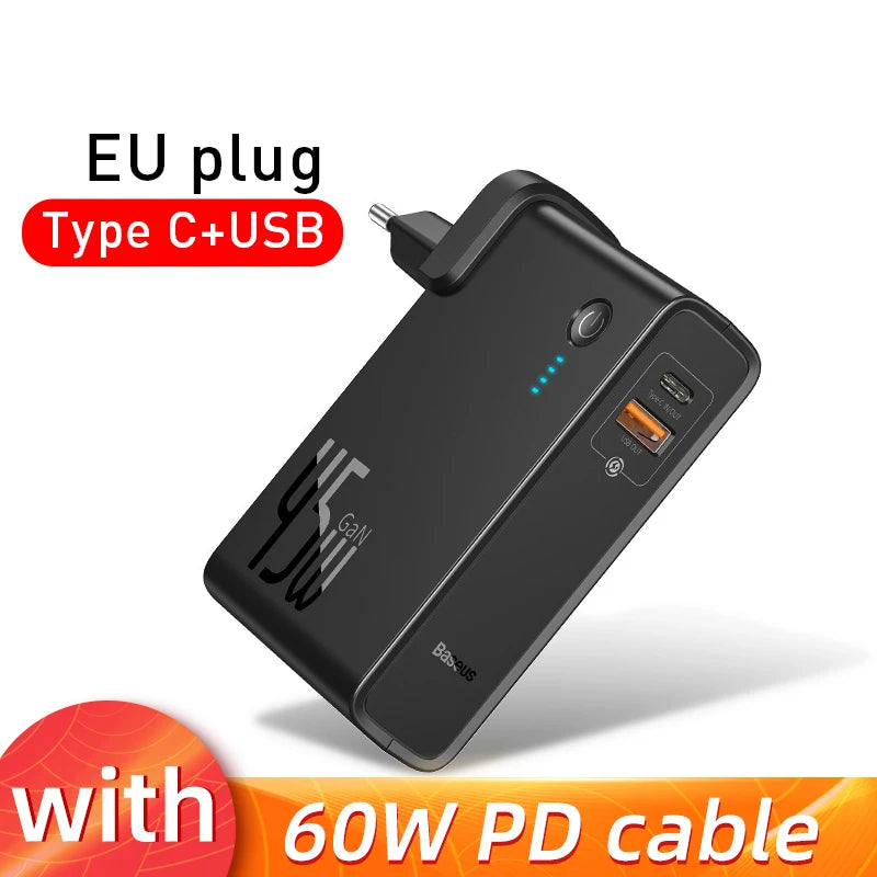 Baseus 2-in-1 GaN 45W Fast Charger & 10000mAh Power Bank - USB-C PD Portable Wall Charger