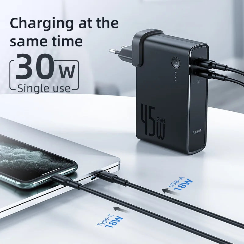 Baseus 2-in-1 GaN 45W Fast Charger & 10000mAh Power Bank - USB-C PD Portable Wall Charger
