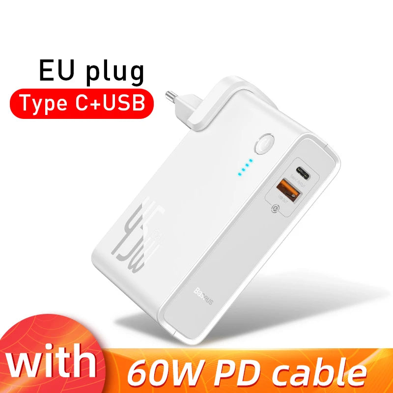 Baseus 2-in-1 GaN 45W Fast Charger & 10000mAh Power Bank - USB-C PD Portable Wall Charger