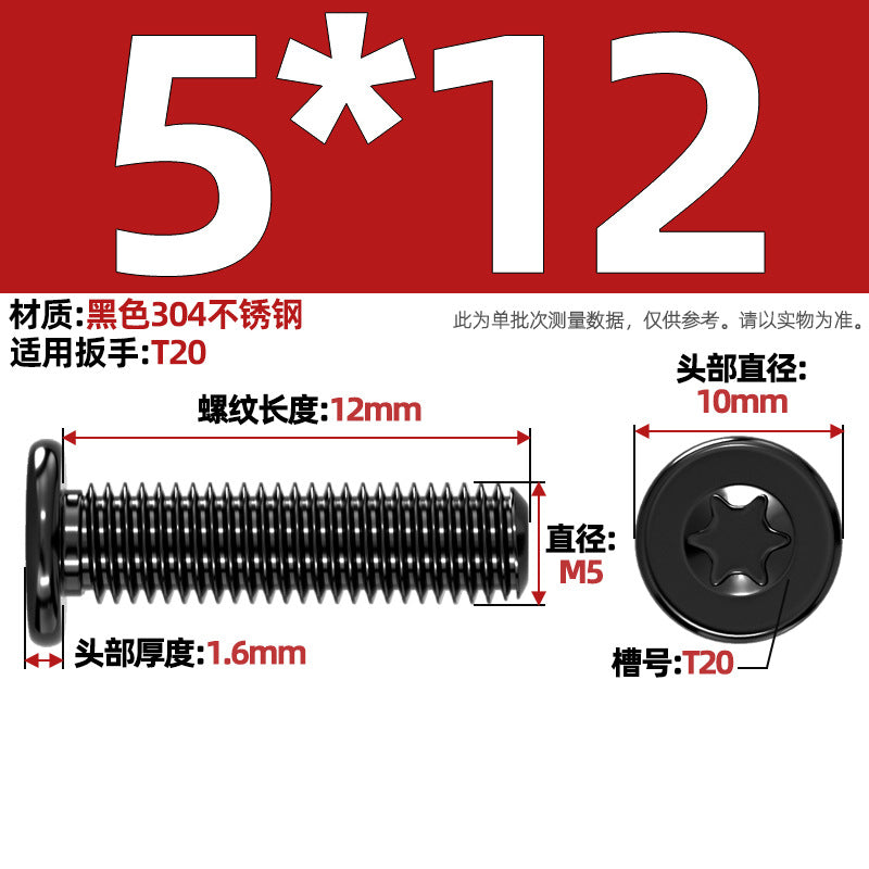 Black 304 Stainless Steel Torx Flat Head Screws - Ultra Thin Head Bolts (M2-M6)