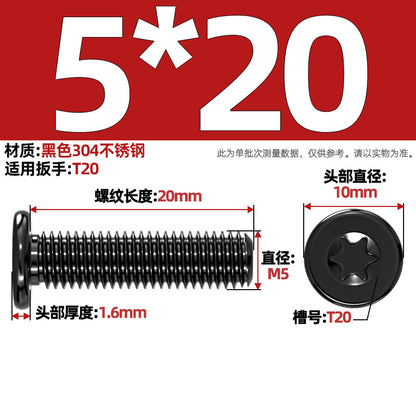 Black 304 Stainless Steel Torx Flat Head Screws - Ultra Thin Head Bolts (M2-M6)