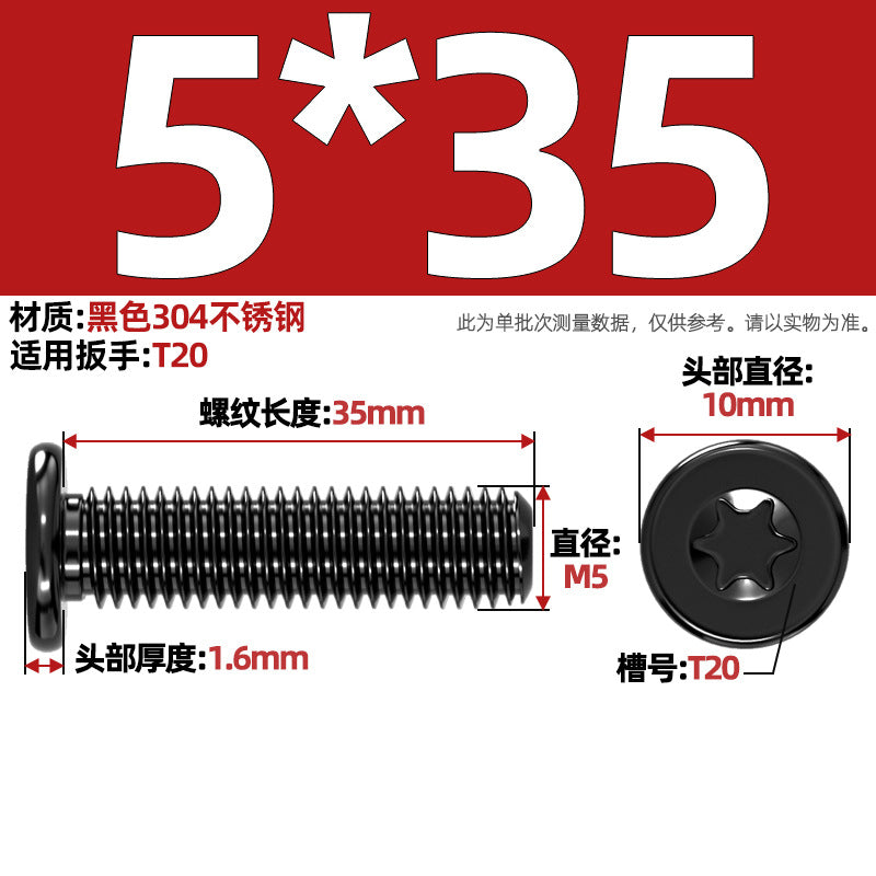 Black 304 Stainless Steel Torx Flat Head Screws - Ultra Thin Head Bolts (M2-M6)