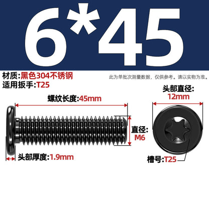 Black 304 Stainless Steel Torx Flat Head Screws - Ultra Thin Head Bolts (M2-M6)