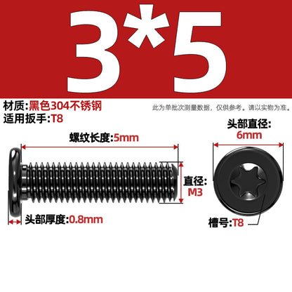 Black 304 Stainless Steel Torx Flat Head Screws - Ultra Thin Head Bolts (M2-M6)