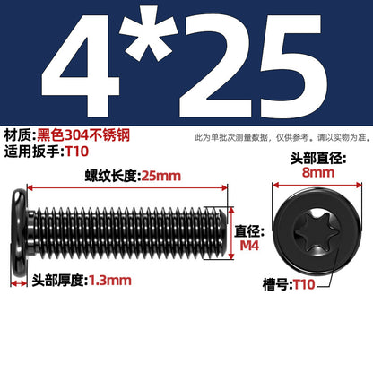Black 304 Stainless Steel Torx Flat Head Screws - Ultra Thin Head Bolts (M2-M6)