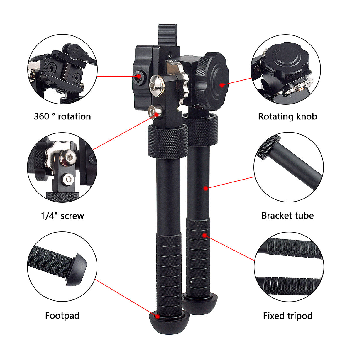 V8 Tactical Bipod - 360 Degree Rotating Retractable Swing Bipod