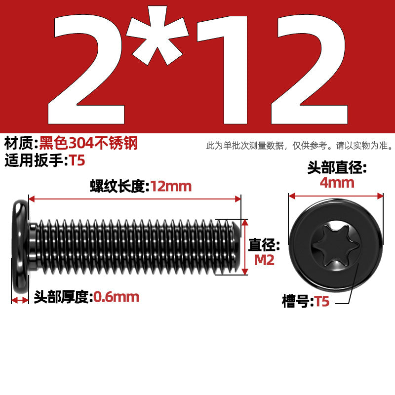 Black 304 Stainless Steel Torx Flat Head Screws - Ultra Thin Head Bolts (M2-M6)