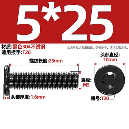 Black 304 Stainless Steel Torx Flat Head Screws - Ultra Thin Head Bolts (M2-M6)