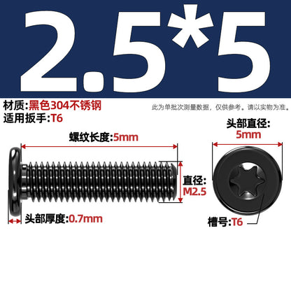 Black 304 Stainless Steel Torx Flat Head Screws - Ultra Thin Head Bolts (M2-M6)