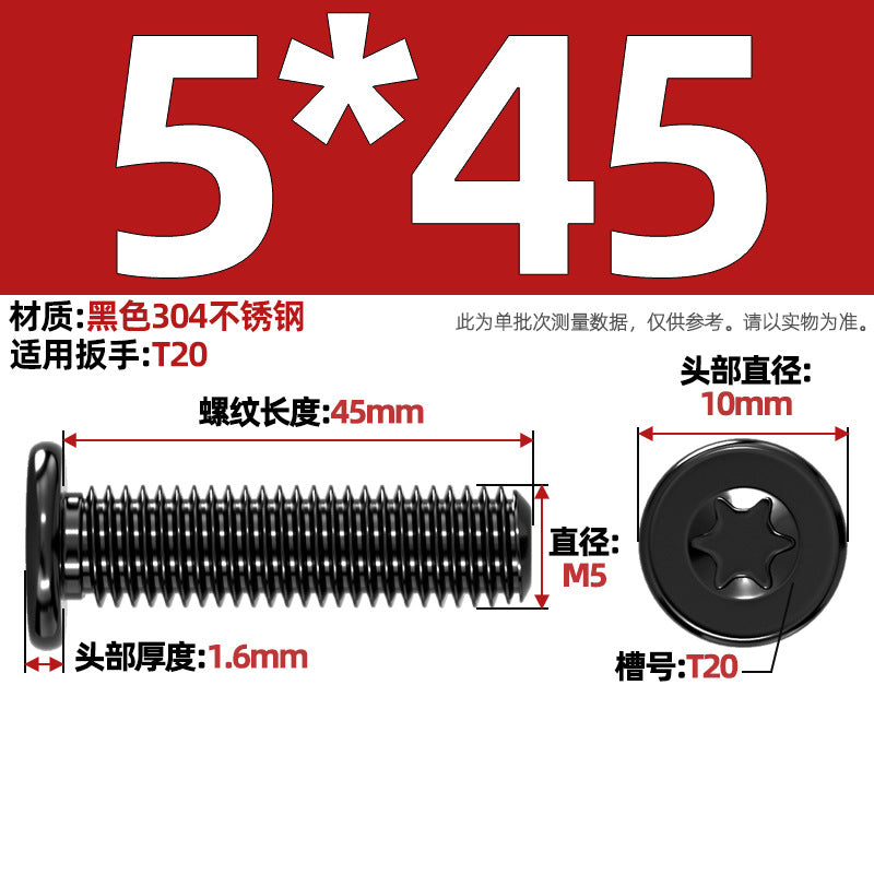 Black 304 Stainless Steel Torx Flat Head Screws - Ultra Thin Head Bolts (M2-M6)