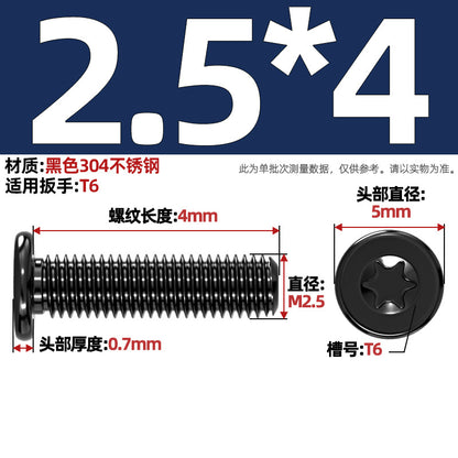 Black 304 Stainless Steel Torx Flat Head Screws - Ultra Thin Head Bolts (M2-M6)