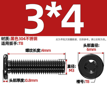Black 304 Stainless Steel Torx Flat Head Screws - Ultra Thin Head Bolts (M2-M6)