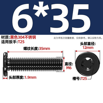 Black 304 Stainless Steel Torx Flat Head Screws - Ultra Thin Head Bolts (M2-M6)