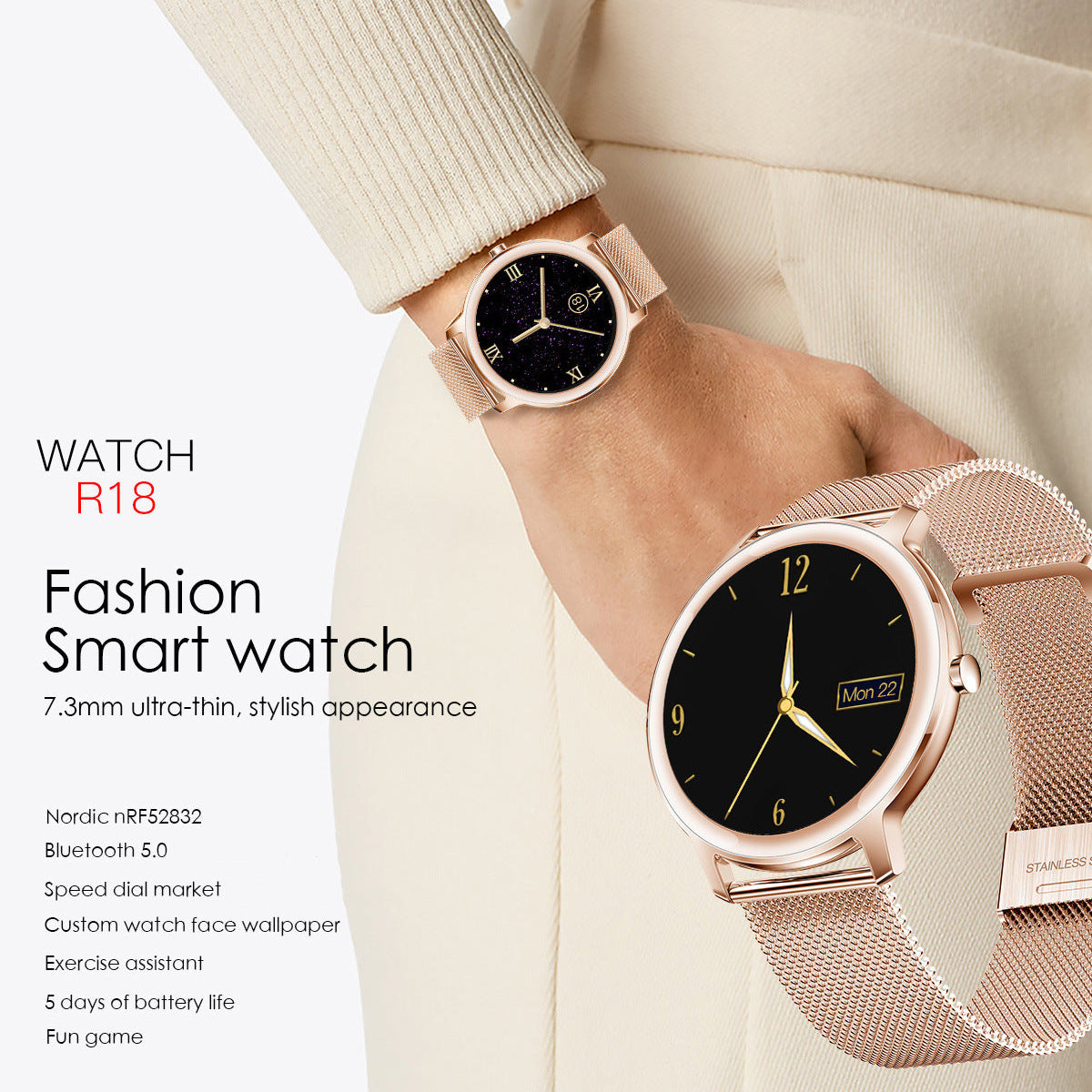 R18 Luxury Ladies Smart Watch - 1.09" Full Touch Ultra-Thin Screen